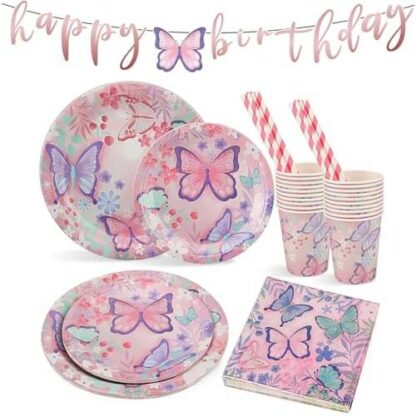 Butterfly Bash - Vaisselle Jetable 101 pièces - Kit Anniversaire Fille