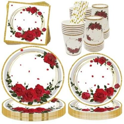 Fête Florale Chic - Kit Vaisselle Jetable Rose - Déco Table Anniversaire Adulte