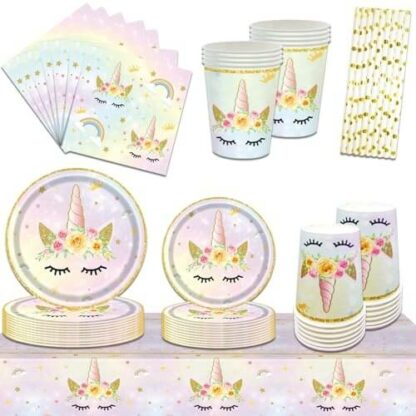 Licorne en Fête - Kit Vaisselle Jetable pour 16 Invités - Accessoires Anniversaire Fille